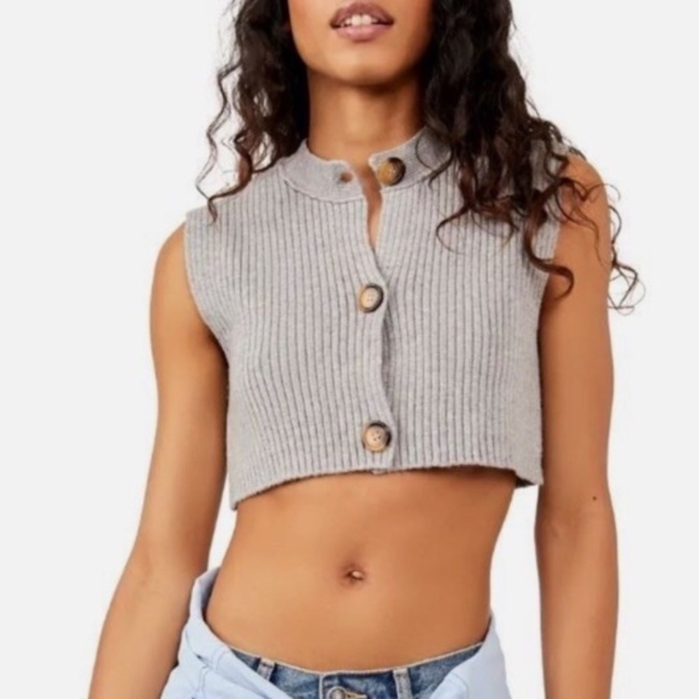 NWT Free People Naiome Sleevless Cropped Sweater S Gray Boho Chunky Prep